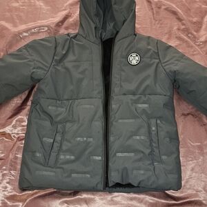 Boys' Black Hooded Puffer Jacket with Round 'RUN' Logo